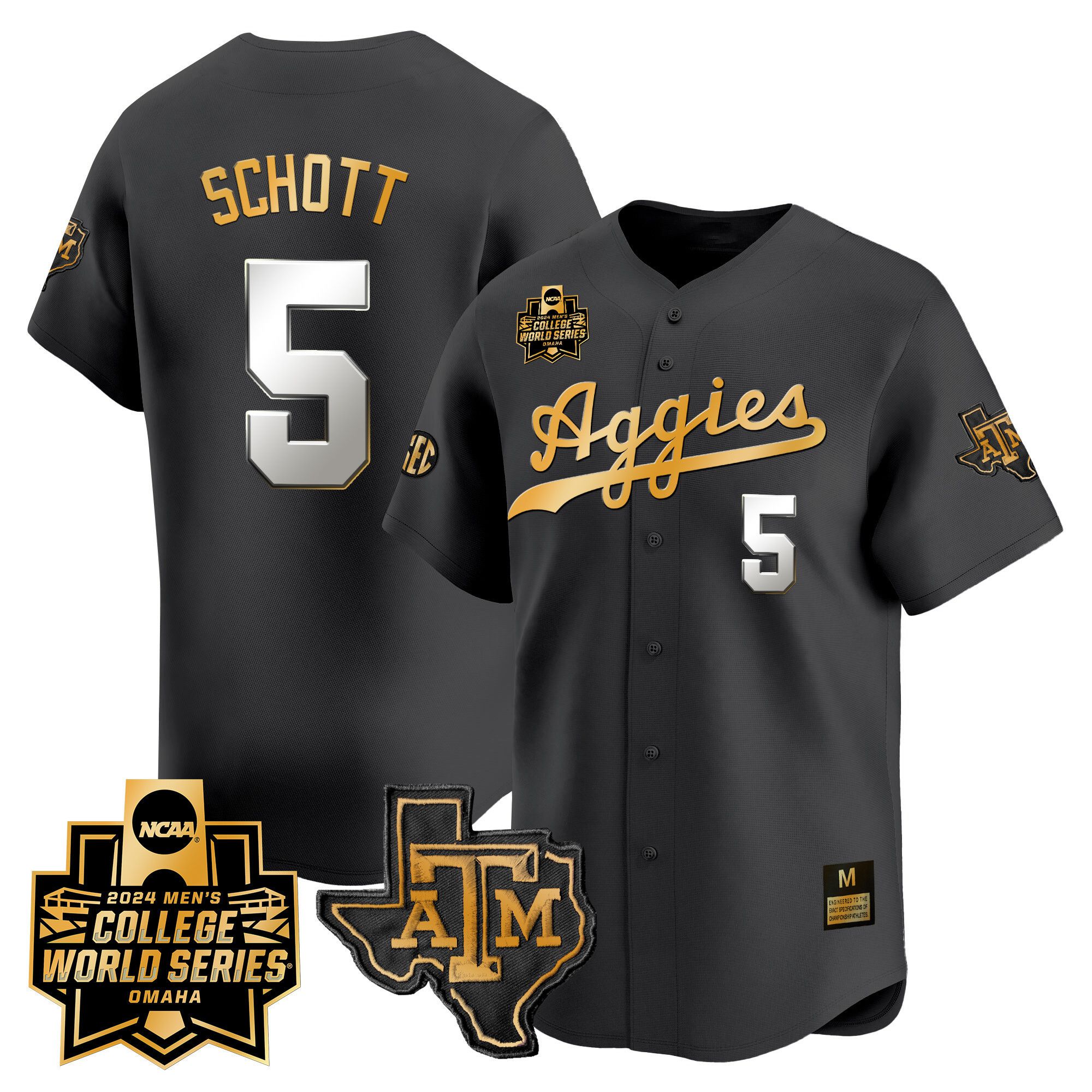 Men Texas A&M Aggies #5 Schott Black 2024 College World Series Vapor Premier Limited NCAA Jersey